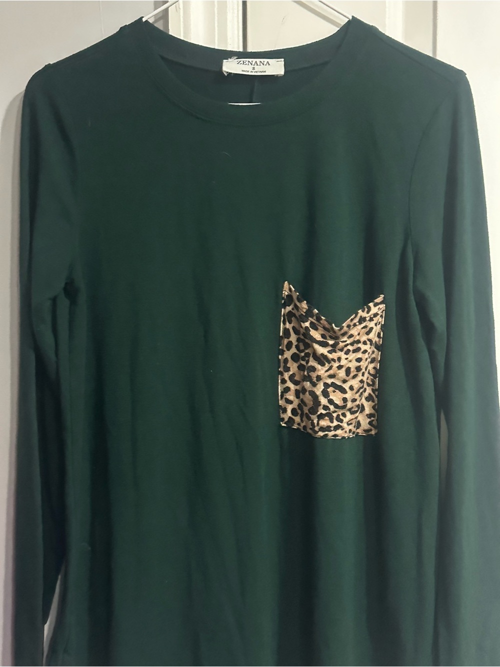 Zenana Outfitters Dark Green Long Sleeve Top with Leopard Pocket